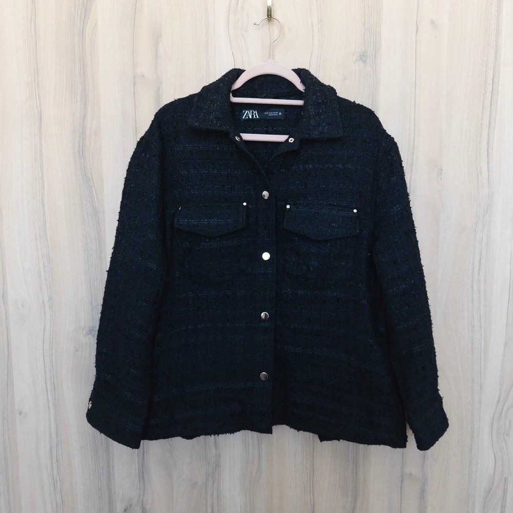Zara Womens Tweed Shacket S Oversized Black Textured Jacket Preppy Parisian Chic - Picture 2 of 8